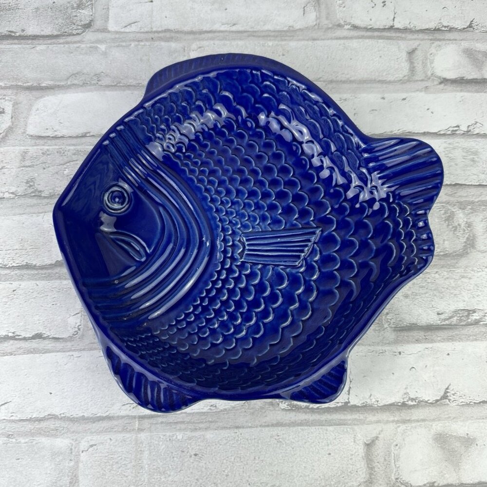 Deltis Portugal Cobalt Blue Fish Ceramic Dish Bowl 9.5" Diameter